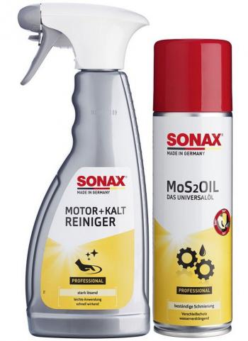Combo Vệ sinh động cơ máy xe Sonax Engine Cold Cleaner 500ml và Dầu phủ bảo vệ Sonax Mos2Oil 400ml 339400 